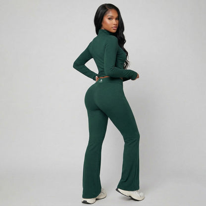 Mabley Womens Solid Color Fitted Long Sleeve Top and Flared Pant Gym Set