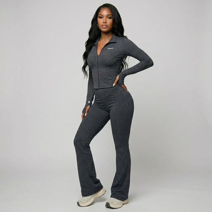 Mabley Womens Solid Color Fitted Long Sleeve Top and Flared Pant Gym Set